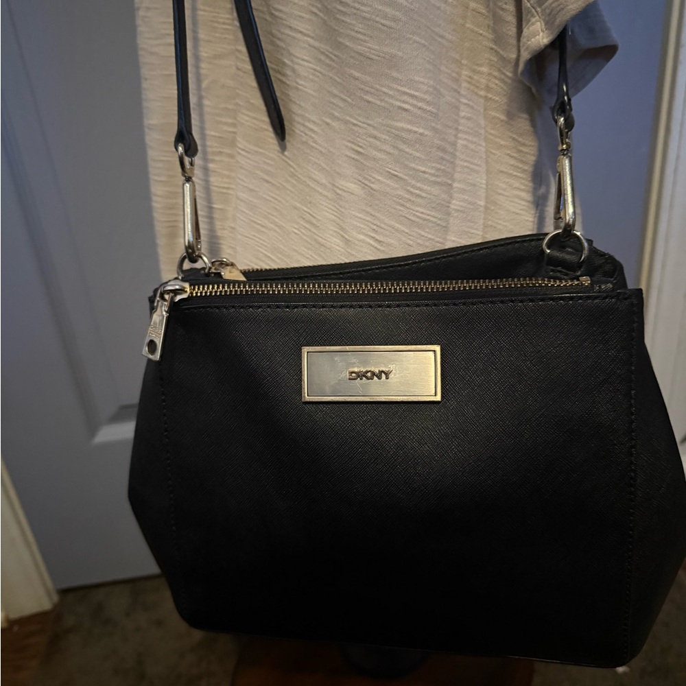 Dkny Black Leather Double Zip Shoulder Bag